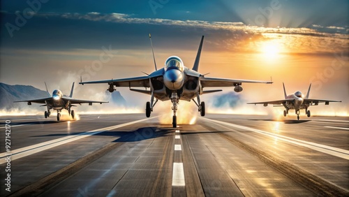 Fighter jets roaring down the runway before a mission, military, aircraft, takeoff, attack, airstrike, war, combat