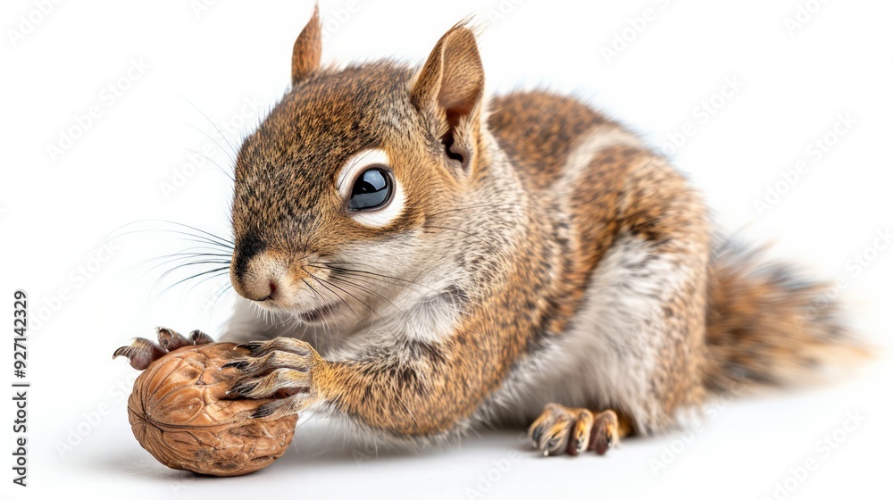 Obraz premium Squirrel holding a nut, isolated on white background, full-body shot, colored background, cute and curious