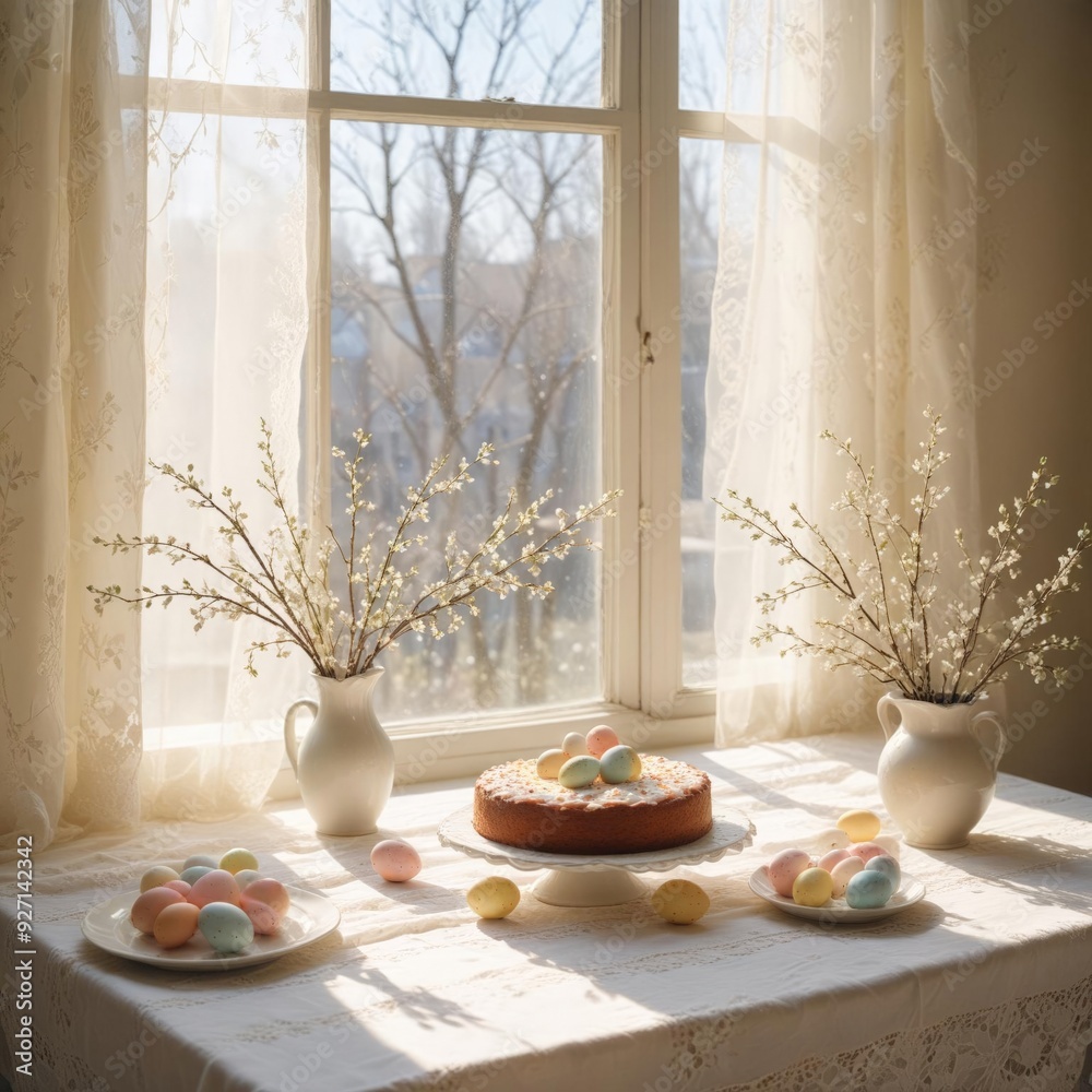 Bright window with sunlight, painted eggs for Easter, and Easter cake and willow branches Bright window with sunlight, painted eggs for Easter, and Easter cake and willow branches