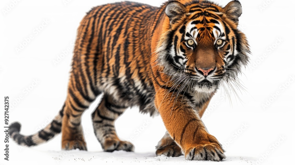 Fototapeta premium Tiger prowling with intensity, isolated on white background, full-body shot, colored background, wild predator focus