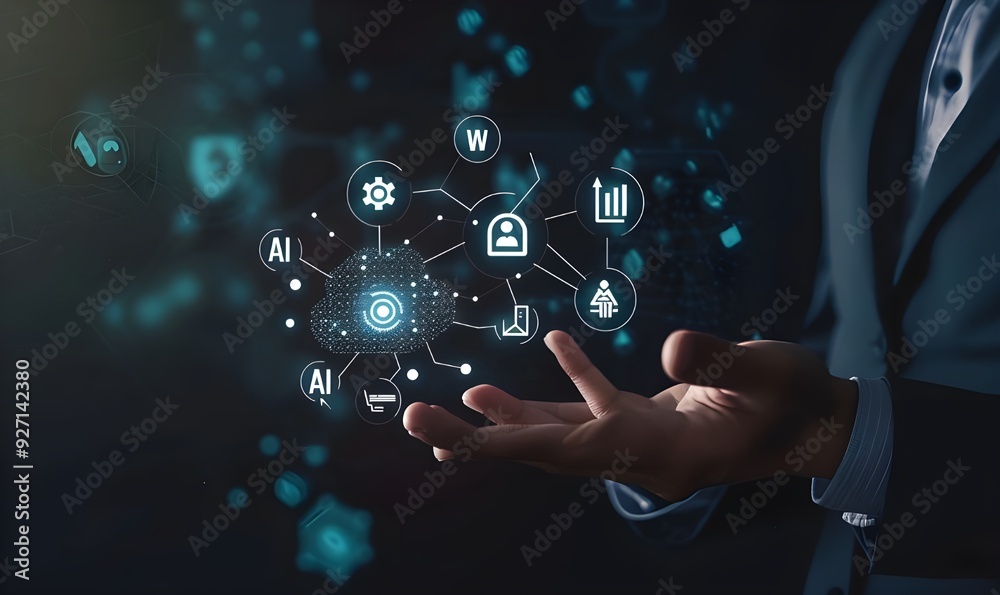 Businessman holding artificial intelligence technology with icons of AI chip, data and graphs on a dark background. Businessman holding artificial intelligence technology with icons of AI chip, data and graphs on a dark background.
