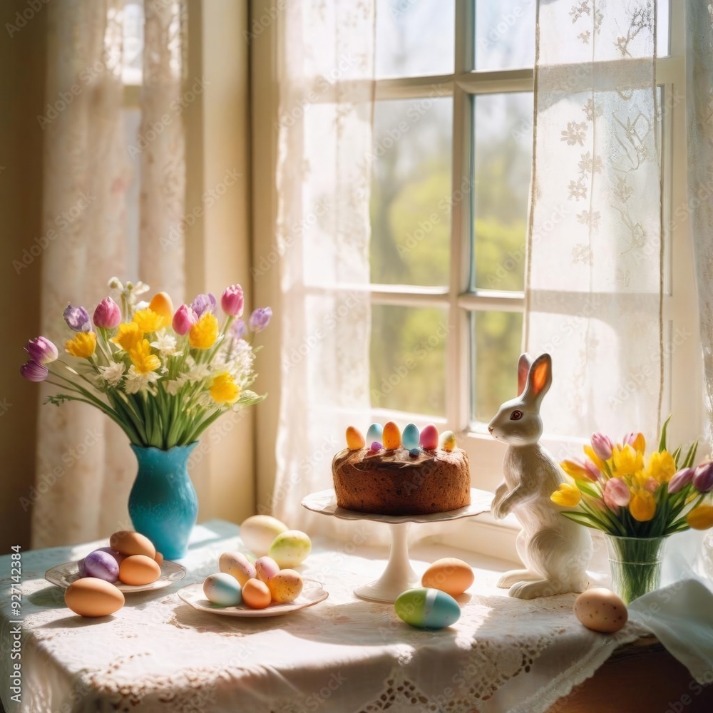 Easter still life with colored eggs, Easter cakes and a small bunny figurines. Sunny day Easter still life with colored eggs, Easter cakes and a small bunny figurines. Sunny day