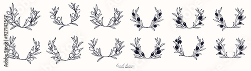 floral wreath olive Branch for olive oil logo or olive icon, hand drawn olive branch botanical herbs elements in vector format, floral olive frame