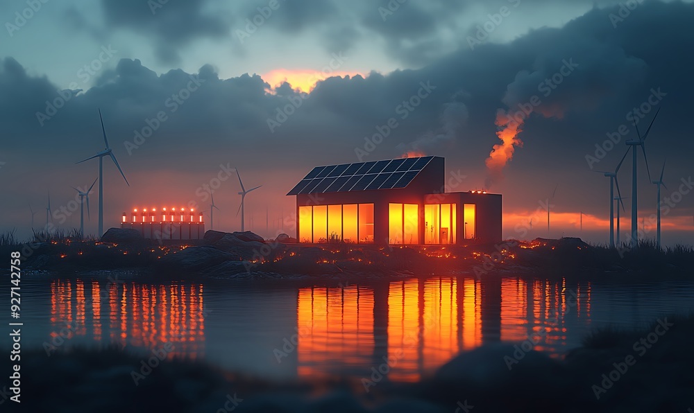 modern battery energy storage system with wind turbines and solar panel power plants in the background at sunset design modern battery energy storage system with wind turbines and solar panel power plants in the background at sunset design