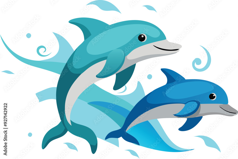 Fototapeta premium A fun vector illustration of dolphins swimming together in the ocean.