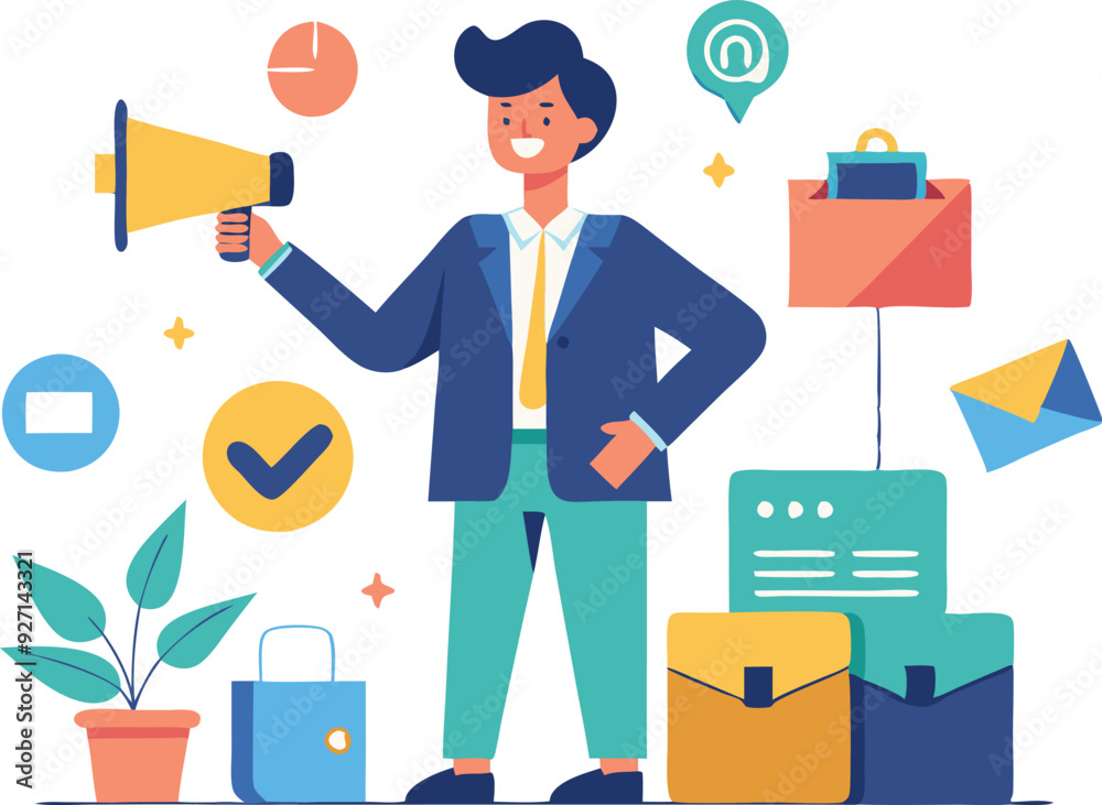 A business professional stands with a megaphone, promoting information amidst office supplies and communication symbols. A business professional stands with a megaphone, promoting information amidst office supplies and communication symbols.