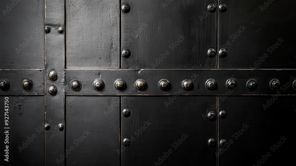 Fototapeta premium A close-up view of a black wooden surface with metal rivets and bolts.