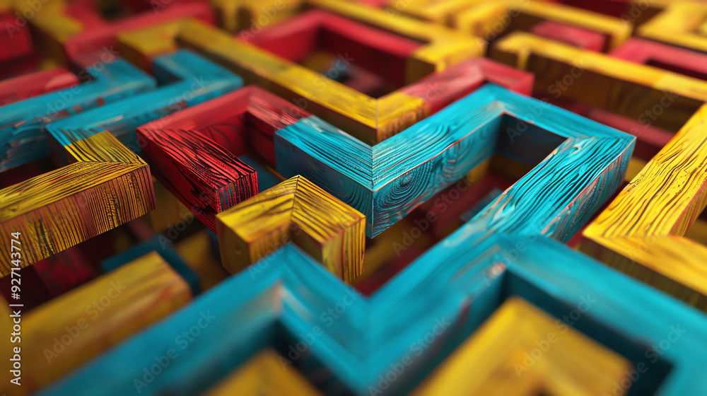 a pattern of colorful, wooden shapes, possibly blocks or boxes. The colors are red, yellow, and blue.