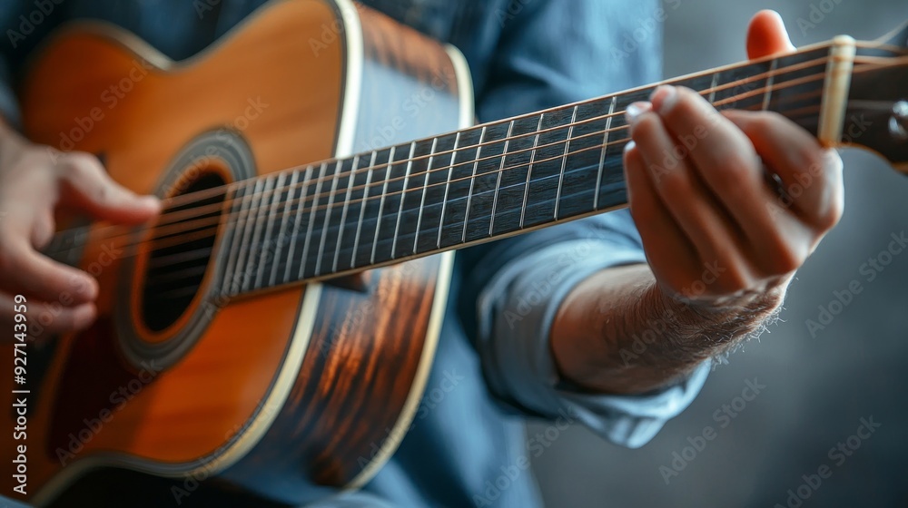 Fototapeta premium Acoustic Guitarist's Hands: Close-Up of Dexterous Playing