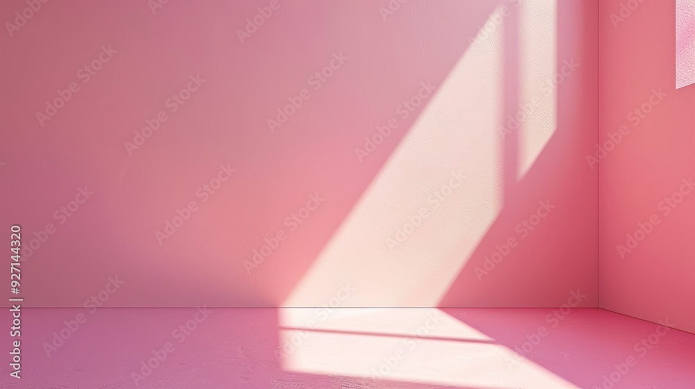A single window casts long, diagonal shadows across a pink wall and floor. The light is bright, and the room is empty, creating a minimal and inviting atmosphere.
