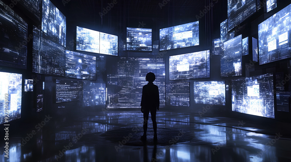 A person in a black room surrounded by futuristic vision A person in a black room surrounded by futuristic vision