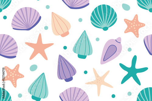 Festive design featuring various seashells and starfish in pastel colors, evoking a cheerful beach vibe.