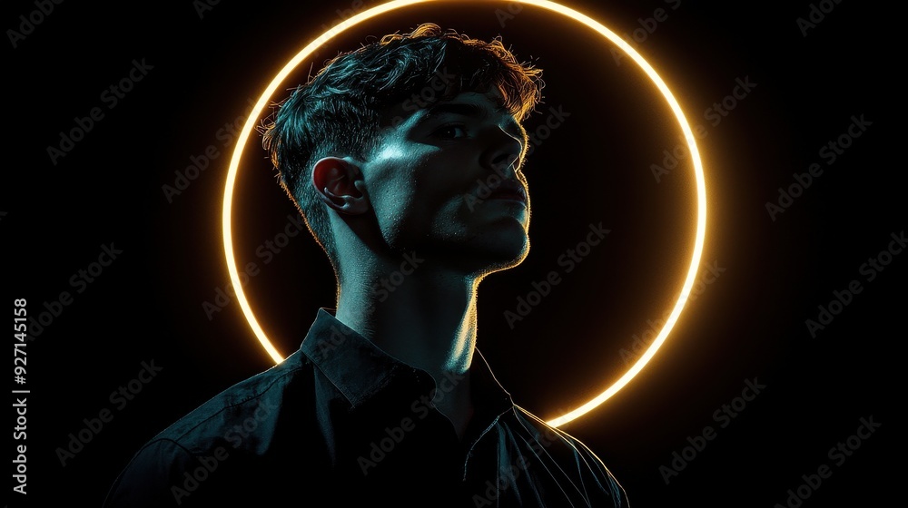 A striking portrait of a person silhouetted against a glowing halo, capturing a moment of introspection and artistry. A striking portrait of a person silhouetted against a glowing halo, capturing a moment of introspection and artistry.