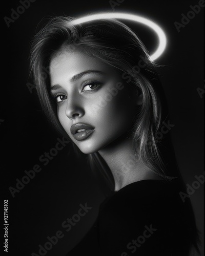 A striking black and white portrait of a young woman with a glowing halo effect, showcasing beauty and elegance.