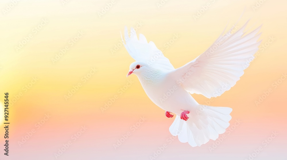 Obraz premium Serene White Dove Against a Vibrant Sunset Sky, a peaceful symbol of hope and tranquility soaring through a breathtaking blend of warm hues and fading light