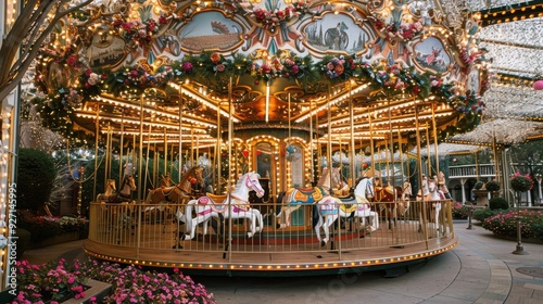 A brightly lit carousel with ornate details, including flowers and lights, spins at an amusement park after dark. The carousel is surrounded by lush greenery and other attractions.