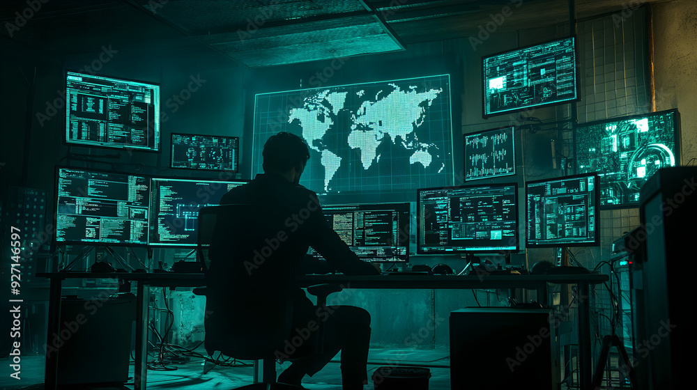 Hacker Stock Photo: High-Tech Cybersecurity in a Dimly Lit Room with Neon Lights Hacker Stock Photo: High-Tech Cybersecurity in a Dimly Lit Room with Neon Lights