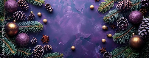 A gold Christmas decorations frame is set against a purple background, creating an elegant vertical banner design and poster template for the xmas season.