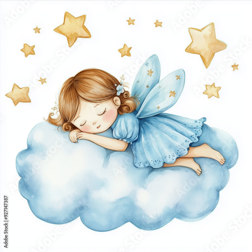 watercolor little cute fairy with light blue dress sleeping on the cloud, with stars around, nursery style, dusty pastel colors, on the white background
