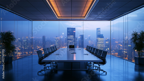 Modern Conference Room with Panoramic Night Cityscape View