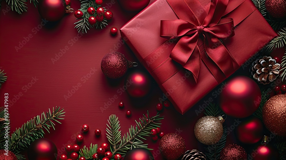 A Christmas flat lay includes luxury gift boxes with red ribbon bows, gold baubles, and xmas tree branches on a red background, evoking a festive atmosphere. A Christmas flat lay includes luxury gift boxes with red ribbon bows, gold baubles, and xmas tree branches on a red background, evoking a festive atmosphere.