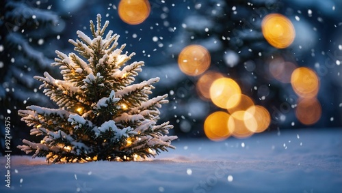 Christmas tree outdoor with snow, lights bokeh around, and snow falling, Christmas atmosphere