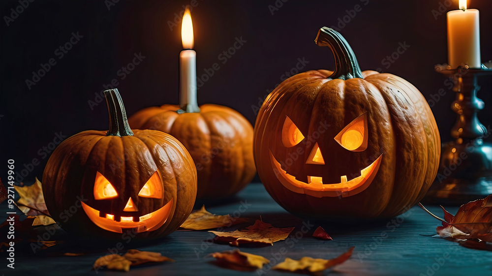 retro halloween pumpkins on table with lighting retro halloween pumpkins on table with lighting