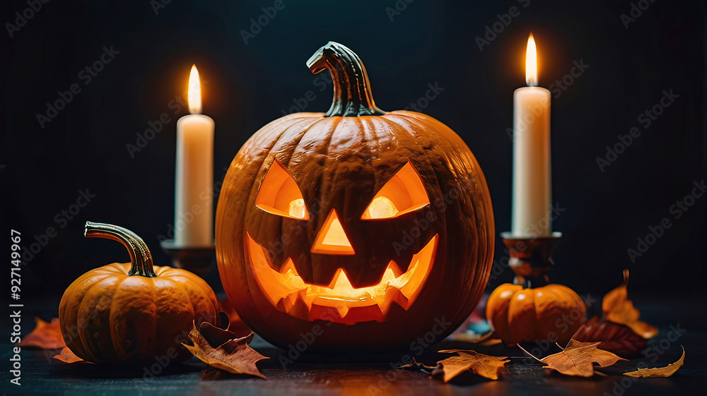 Fototapeta premium retro halloween pumpkins on table with lighting
