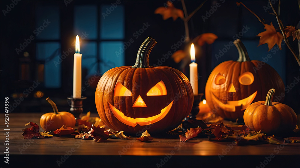 retro halloween pumpkins on table with lighting retro halloween pumpkins on table with lighting