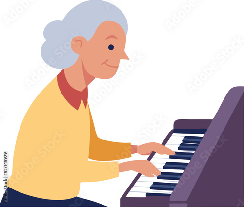 An elderly woman joyfully plays the piano, immersed in music and creativity.