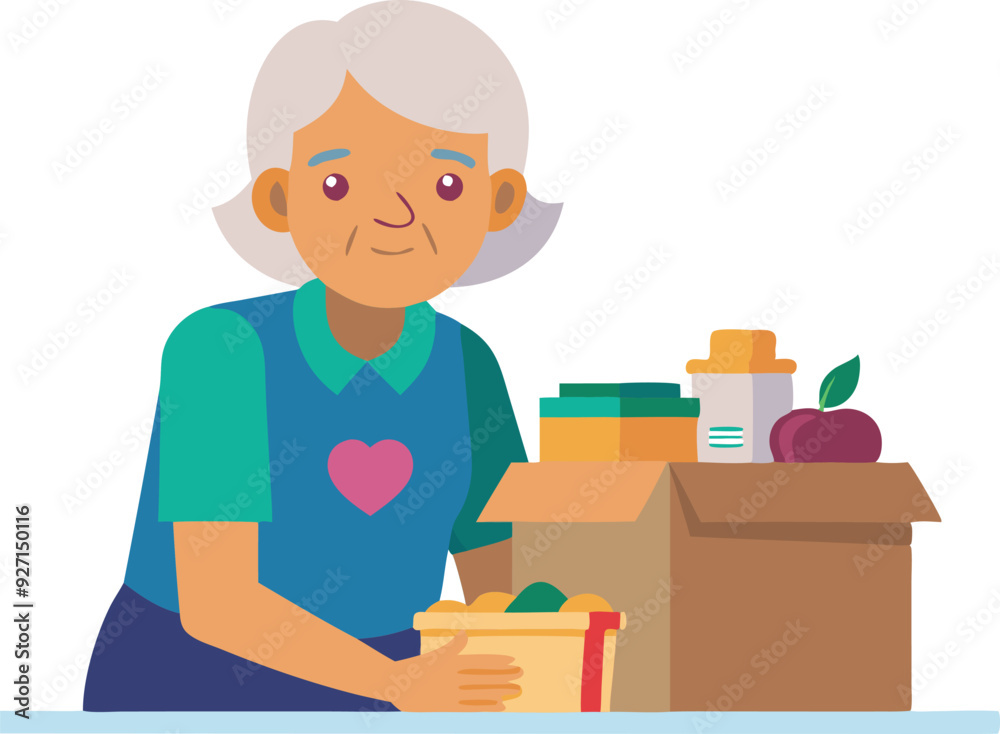 A senior woman sorts through food items and medications at a table, promoting healthy living and care.