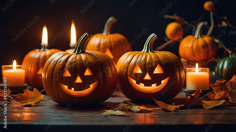 retro halloween pumpkins on table with lighting retro halloween pumpkins on table with lighting