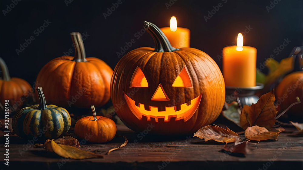 retro halloween pumpkins on table with lighting retro halloween pumpkins on table with lighting