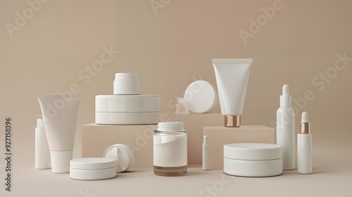 Closeup of skincare products including cream lotion serum and oil in elegant packaging. Concept Skincare Products, Close-up Photography, Elegant Packaging, Cream, Lotion, Serum, Oil