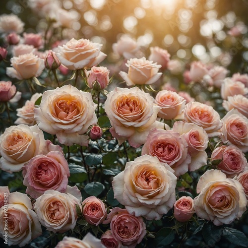 A cascade of roses flowing from the top of the image, with a soft bokeh effect.