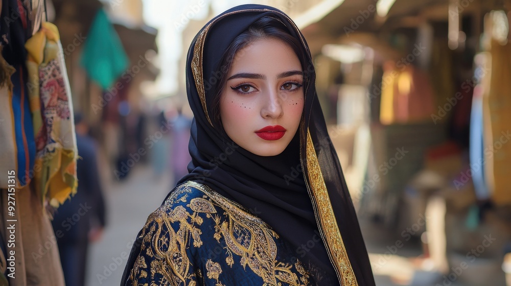 A young Iraqi woman poses confidently in traditional attire, showcasing her beauty against the backdrop of a lively market A young Iraqi woman poses confidently in traditional attire, showcasing her beauty against the backdrop of a lively market
