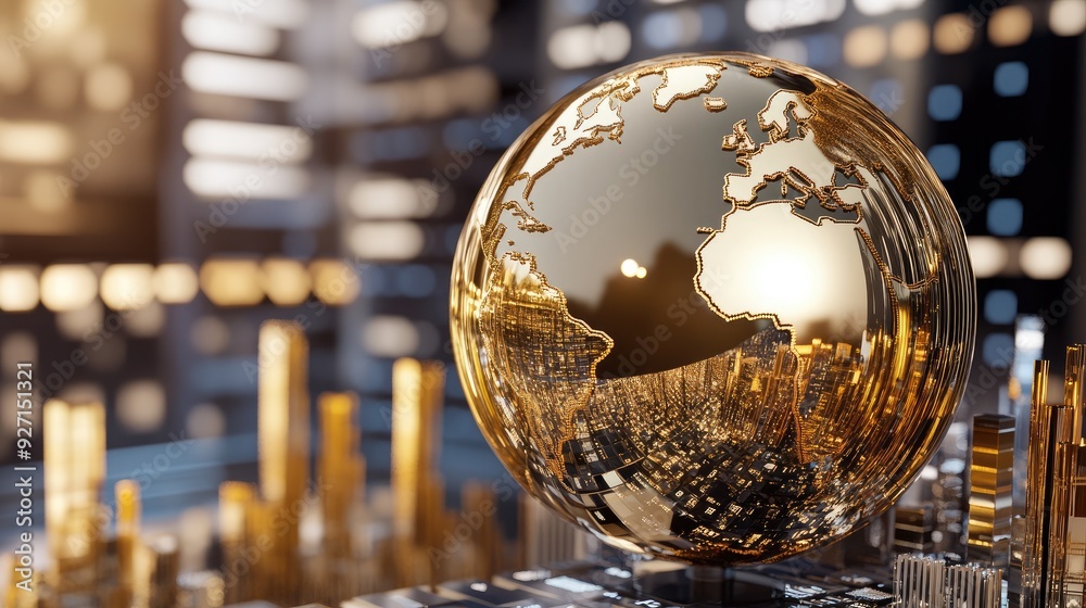 Golden globe with business analytics and global financial data Golden globe with business analytics and global financial data