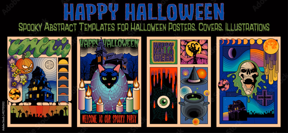 Fototapeta premium Happy Halloween Party, Event Placards, Invitations. Vector Templates for Halloween Covers, Illustrations, Posters. Halloween Psychedelic Poster Set. October 31 Colorful Abstract Objects