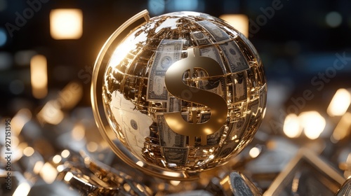 Golden globe with currency symbols representing global business and finance