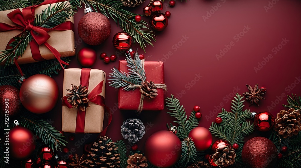 A Christmas frame features gift boxes and luxury xmas ornaments on a red table, presented in a flat lay top view with copy space for festive messages.