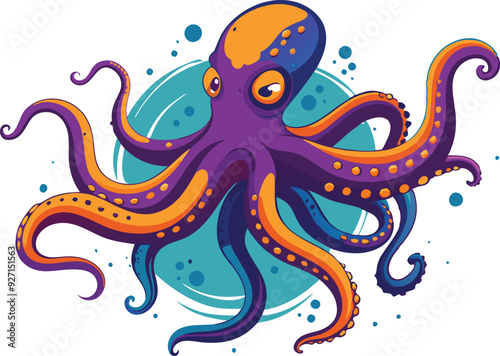 A vibrant octopus with colorful tentacles is swimming in a whimsical underwater setting.