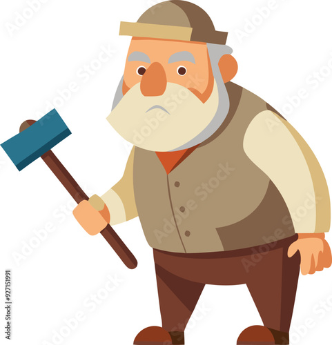 An elderly man stands firmly, gripping a blue hammer, dressed in a vest and cap with a serious expression.