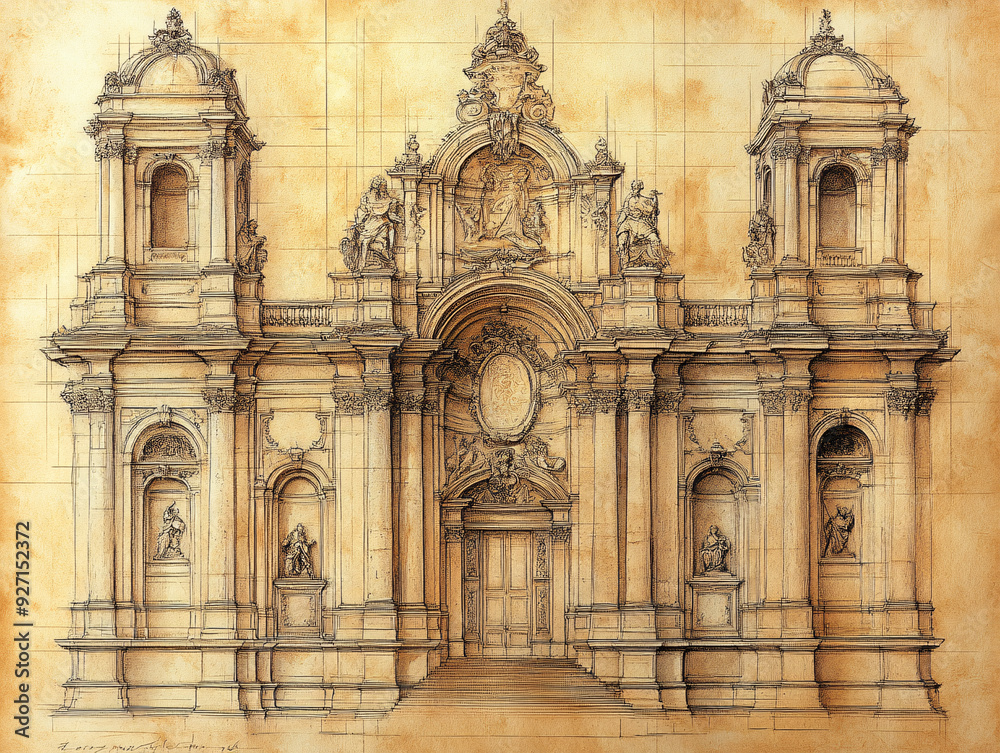 detailed sketch of a grandiose cathedral entrance, featuring a large archway and intricate carvings. detailed sketch of a grandiose cathedral entrance, featuring a large archway and intricate carvings.