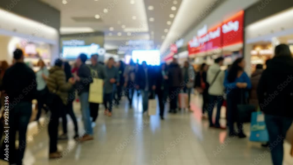 Blurry video of people in a large mall, people walking around the store during the fall sale. AI video Blurry video of people in a large mall, people walking around the store during the fall sale. AI video