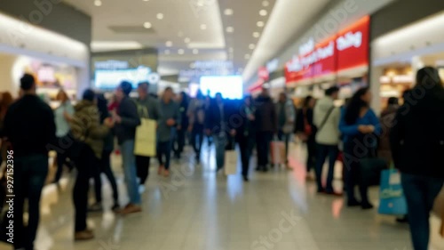 Wallpaper Mural Blurry video of people in a large mall, people walking around the store during the fall sale. AI video Torontodigital.ca