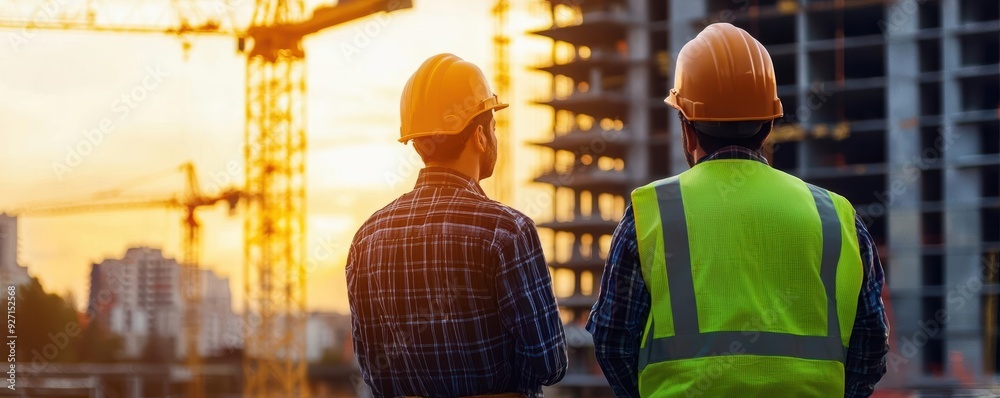 Two construction workers wearing hard hats and safety vests stand on a construction site.