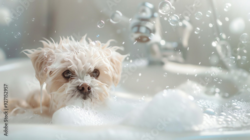 A small white dog with fluffy fur is in a bath with bubbles.

