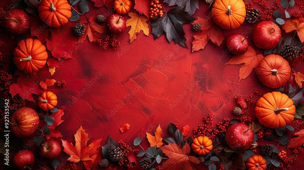 A double border frame of maple leaves and pumpkins on a red background offers a happy Thanksgiving Day or Halloween concept. A double border frame of maple leaves and pumpkins on a red background offers a happy Thanksgiving Day or Halloween concept.