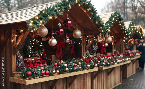 Christmas market stall with festive ornaments and garlands in a winter setting photo