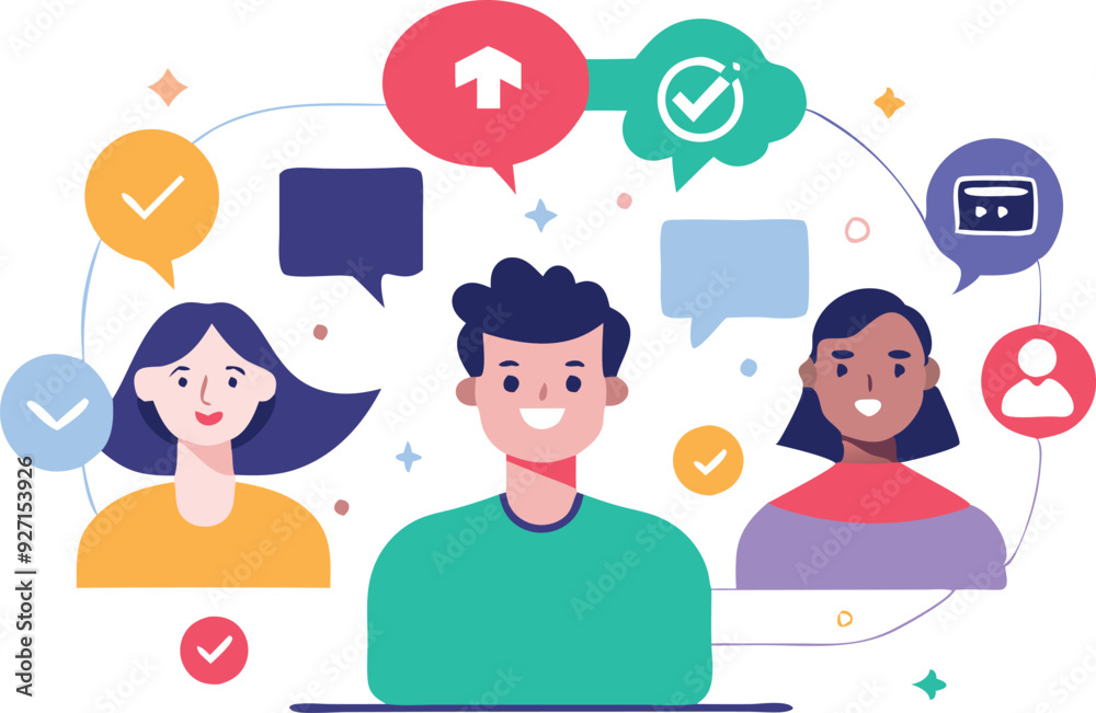 Three individuals share ideas and feedback through colorful speech bubbles and icons, fostering collaborative discussion.